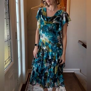 Jessica Howard Teal and Black Floral Midi Dress